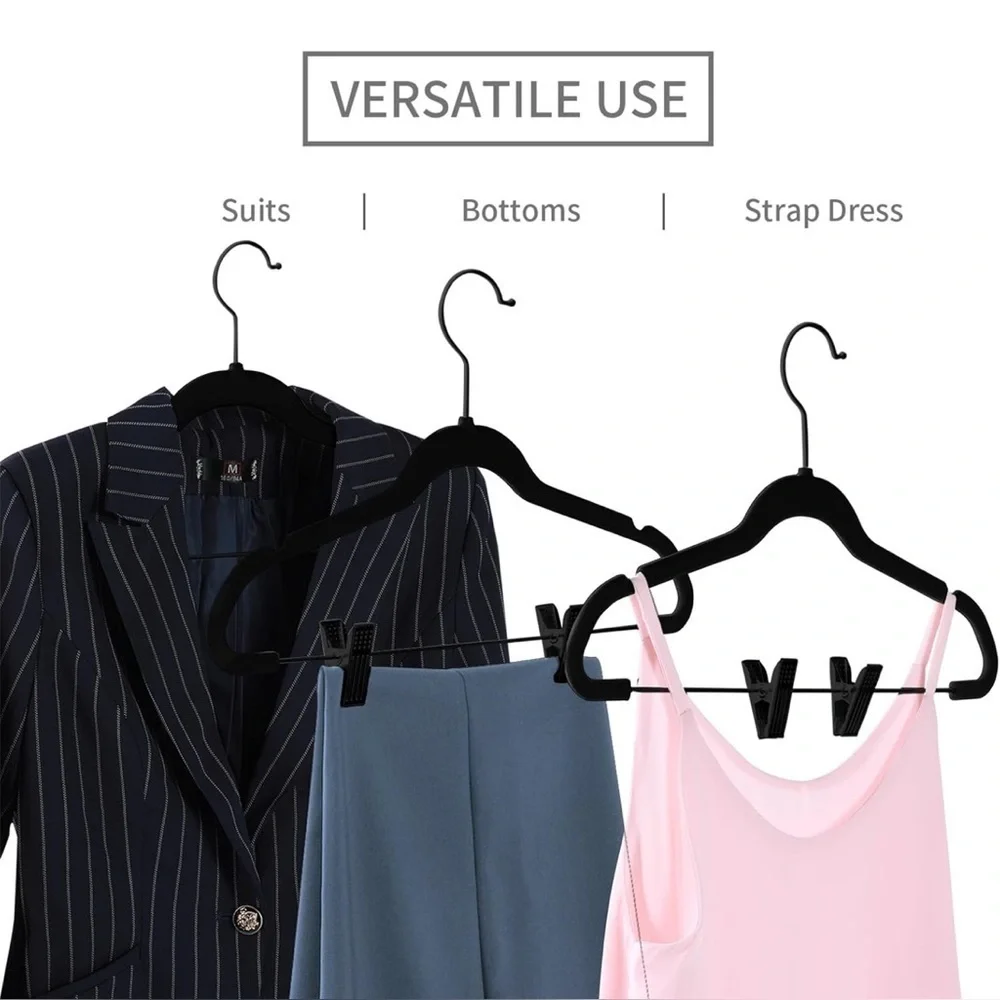 Premium All Black Non-Slip Velvet Pants Hangers w/ Adjustable Clips (Pack of 20)